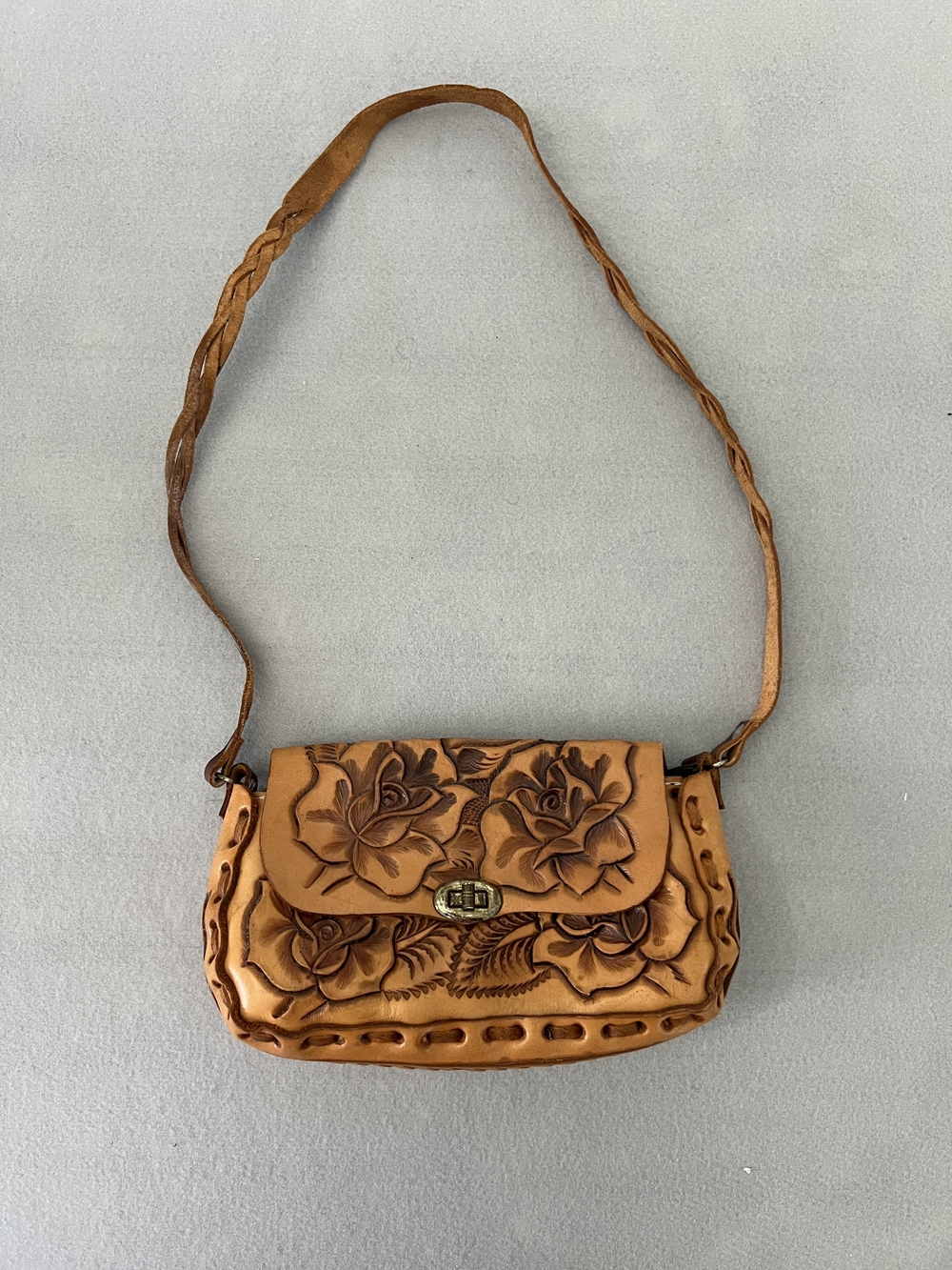 Handtooled Leather Floral Crossbody Bag - Tan